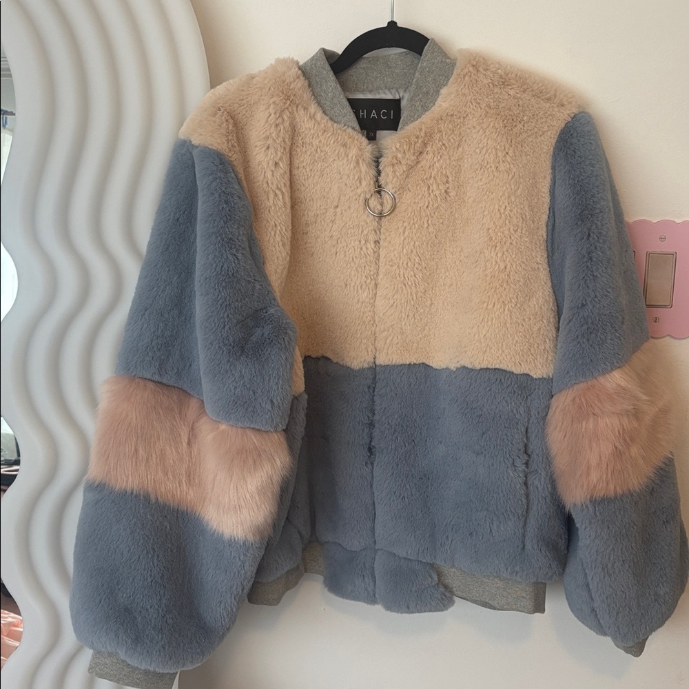 Dolls Kill Blue and Cream Teddy Jacket Plush Cozy Style O Ring